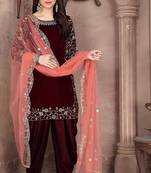 Maroon velvet zari work semi stitched size up to 42 salwar suits