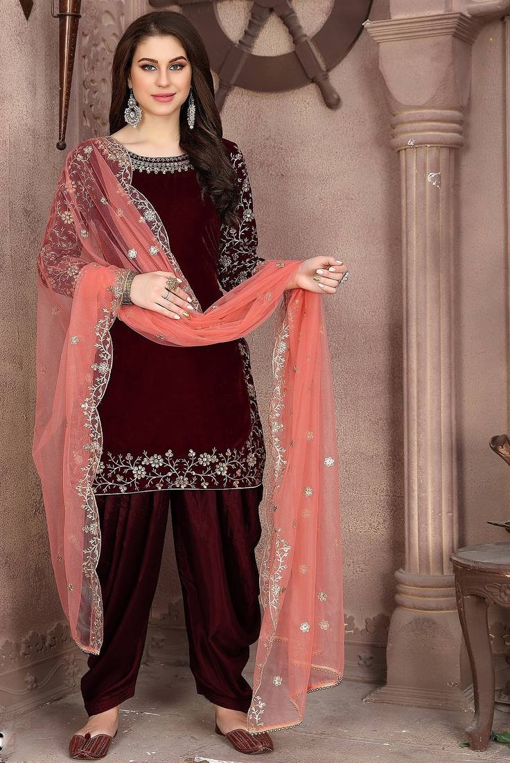 Maroon velvet zari work semi stitched size up to 42 salwar suits