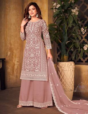 Pink net sequins work semi stitched size up to 42 salwar suits 1