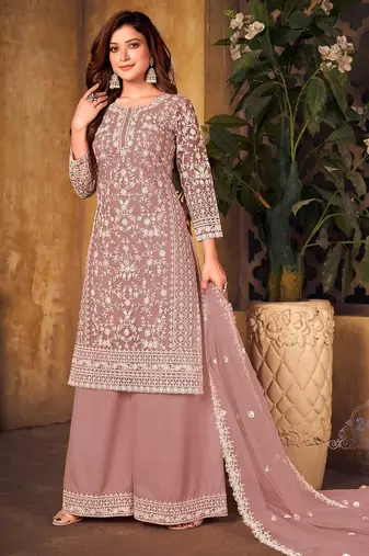 Pink net sequins work semi stitched size up to 42 salwar suits