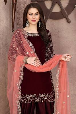 Maroon velvet zari work semi stitched size up to 42 salwar suits 2