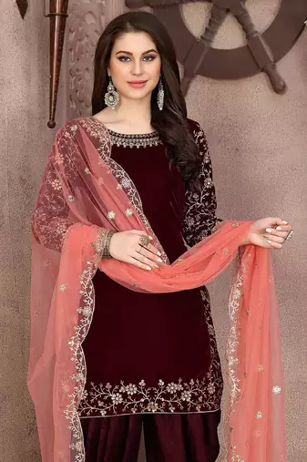 Maroon velvet zari work semi stitched size up to 42 salwar suits