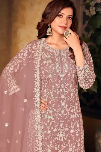 Pink net sequins work semi stitched size up to 42 salwar suits