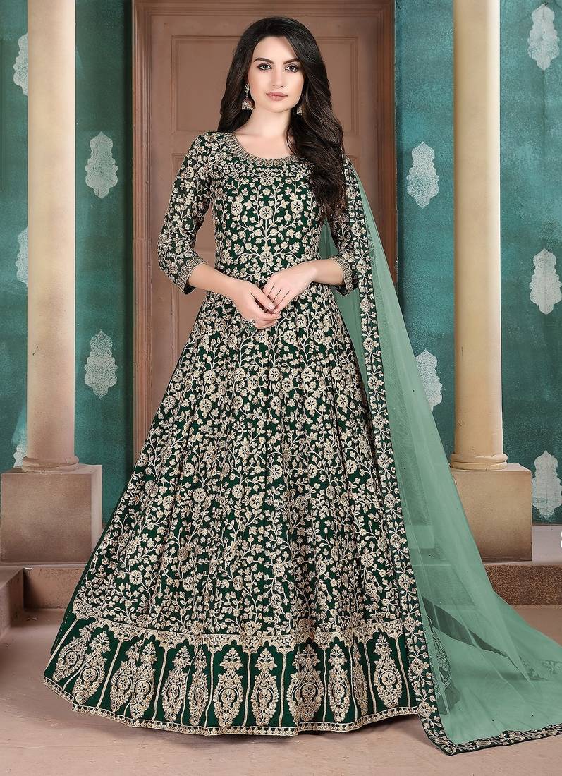 Green georgette zari work semi stitched size up to 42 salwar suits