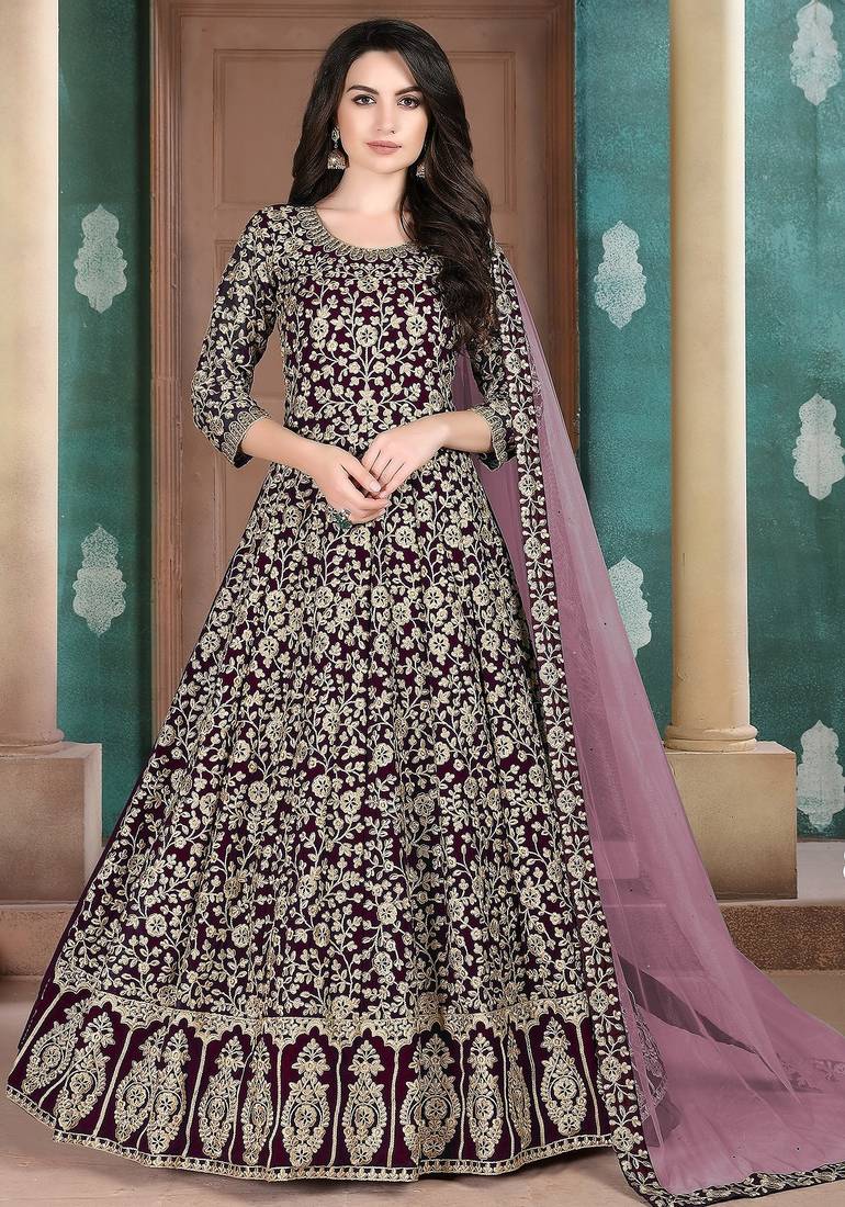 Purple georgette zari work semi stitched size up to 42 salwar suits