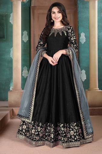 Black silk zari work semi stitched size up to 42 salwar suits