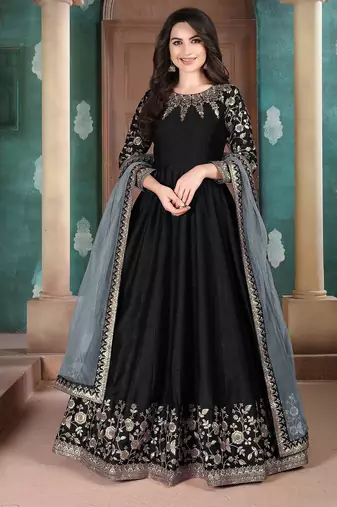 Black silk zari work semi stitched size up to 42 salwar suits
