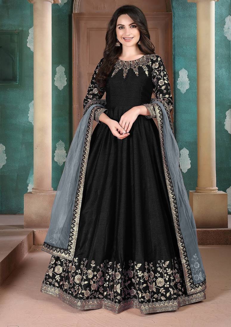 Black silk zari work semi stitched size up to 42 salwar suits