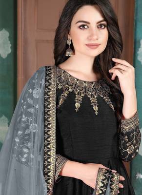 Black silk zari work semi stitched size up to 42 salwar suits 2