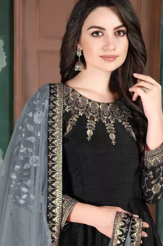 Black silk zari work semi stitched size up to 42 salwar suits