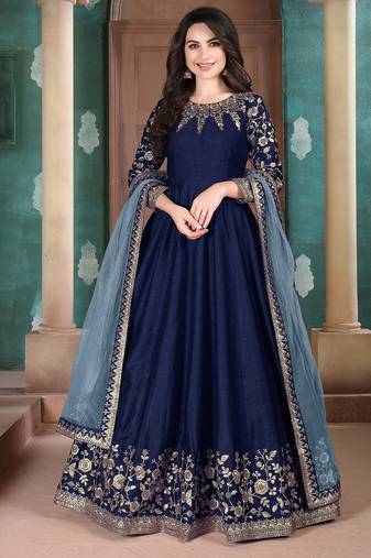 Blue silk zari work semi stitched size up to 42 salwar suits