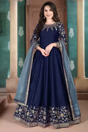 Blue silk zari work semi stitched size up to 42 salwar suits