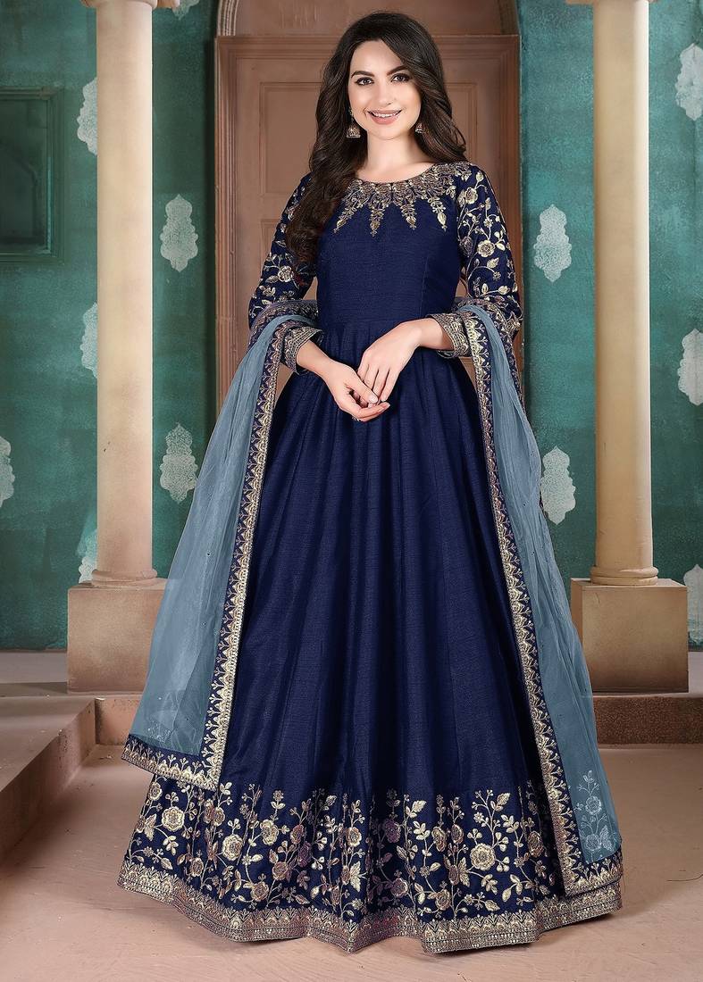 Blue silk zari work semi stitched size up to 42 salwar suits
