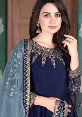 Blue silk zari work semi stitched size up to 42 salwar suits 2