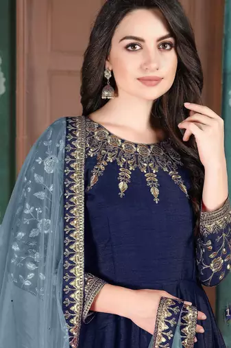 Blue silk zari work semi stitched size up to 42 salwar suits