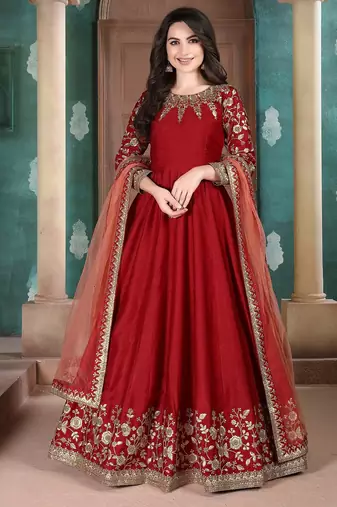 Red silk zari work semi stitched size up to 42 salwar suits