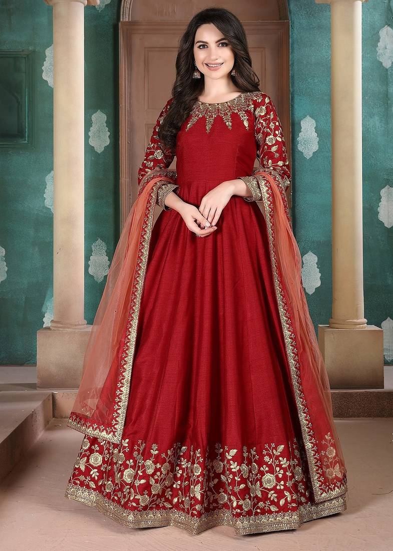 Red silk zari work semi stitched size up to 42 salwar suits
