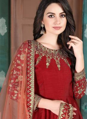 Red silk zari work semi stitched size up to 42 salwar suits 2