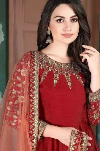 Red silk zari work semi stitched size up to 42 salwar suits