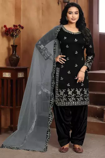 Black art silk zari work semi stitched size up to 42 salwar suits