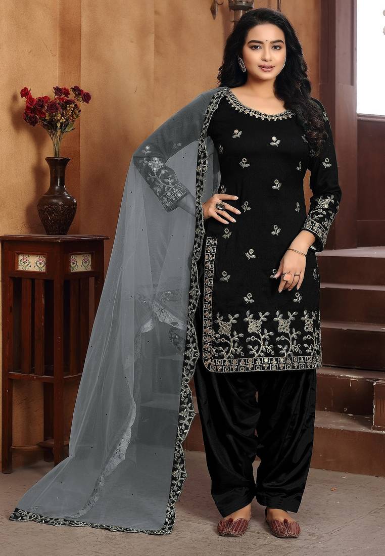Black art silk zari work semi stitched size up to 42 salwar suits