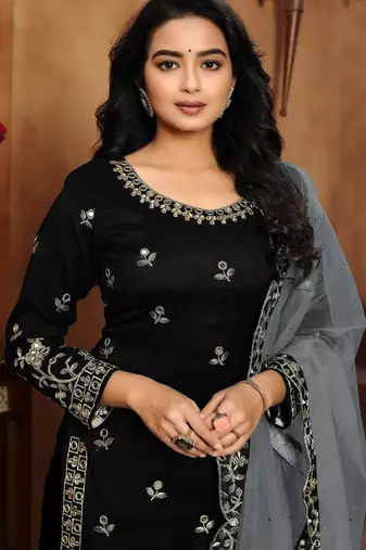Black art silk zari work semi stitched size up to 42 salwar suits