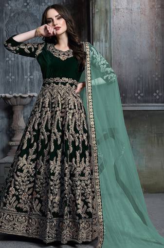 Beige net zari work semi stitched size up to 42 salwar suits