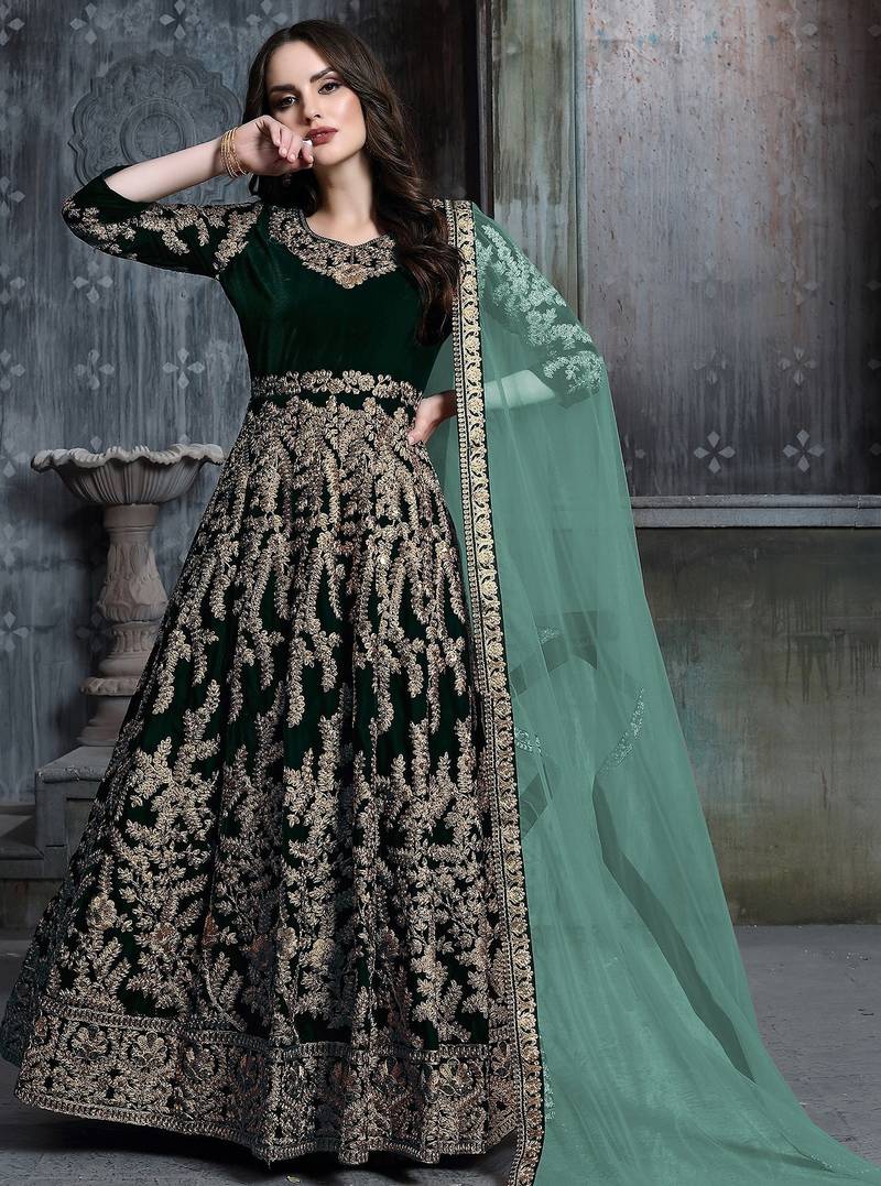 Beige net zari work semi stitched size up to 42 salwar suits