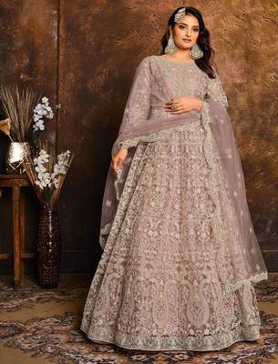 Lilac net zari work semi stitched size up to 42 salwar suits 1