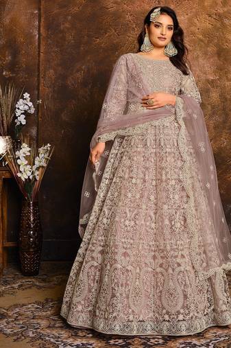 Lilac net zari work semi stitched size up to 42 salwar suits