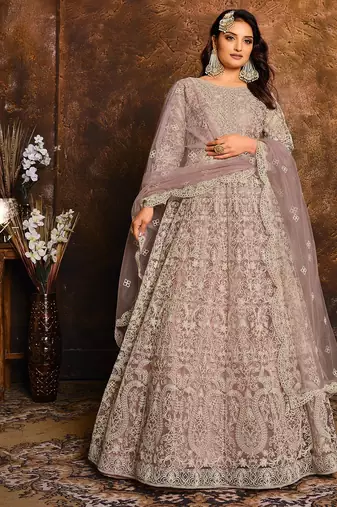 Lilac net zari work semi stitched size up to 42 salwar suits