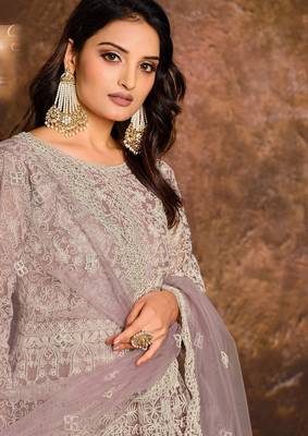 Lilac net zari work semi stitched size up to 42 salwar suits 2