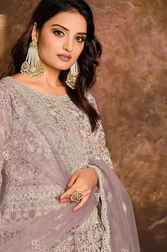 Lilac net zari work semi stitched size up to 42 salwar suits