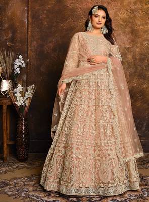 Peach net zari work semi stitched size up to 42 salwar suits 1