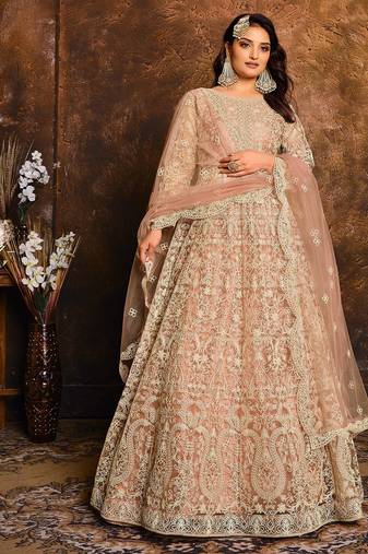Peach net zari work semi stitched size up to 42 salwar suits