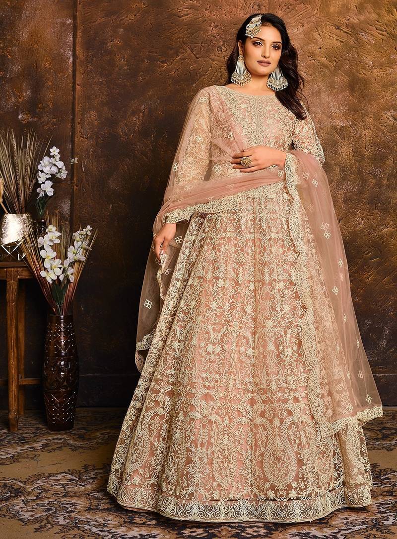 Peach net zari work semi stitched size up to 42 salwar suits