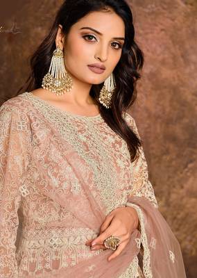 Peach net zari work semi stitched size up to 42 salwar suits 2