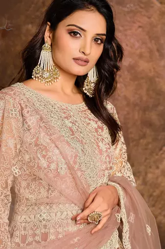 Peach net zari work semi stitched size up to 42 salwar suits