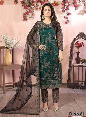 Green net zari work semi stitched size up to 42 salwar suits 1
