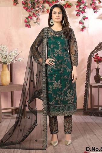 Green net zari work semi stitched size up to 42 salwar suits