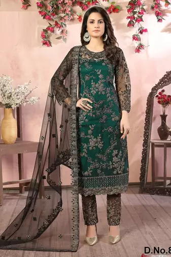 Green net zari work semi stitched size up to 42 salwar suits