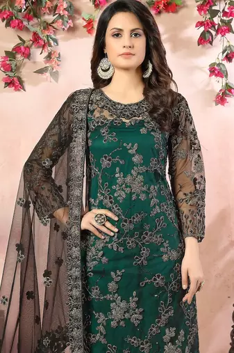 Green net zari work semi stitched size up to 42 salwar suits