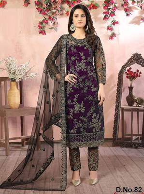 Purple net zari work semi stitched size up to 42 salwar suits 1