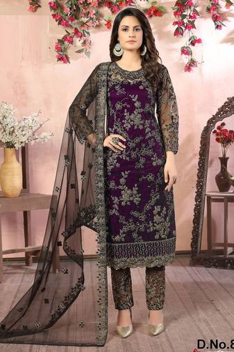 Purple net zari work semi stitched size up to 42 salwar suits