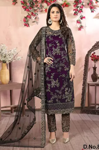 Purple net zari work semi stitched size up to 42 salwar suits