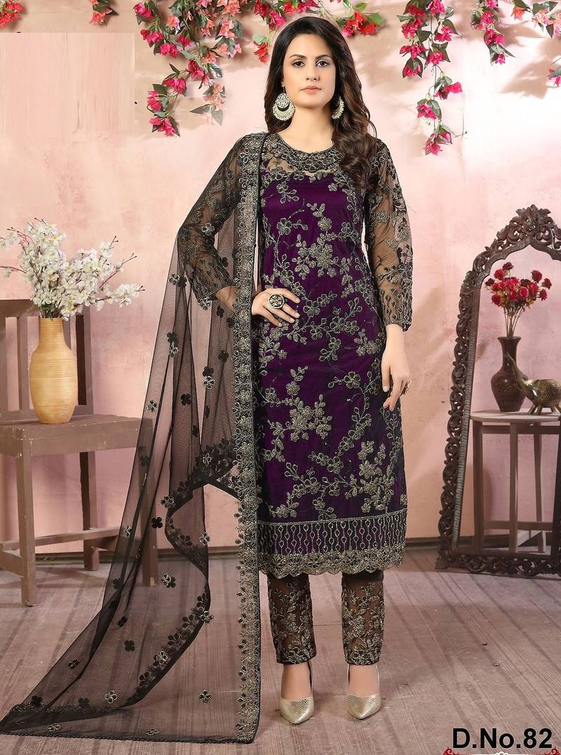 Purple net zari work semi stitched size up to 42 salwar suits