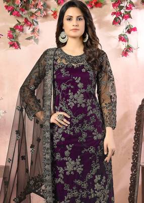 Purple net zari work semi stitched size up to 42 salwar suits 2