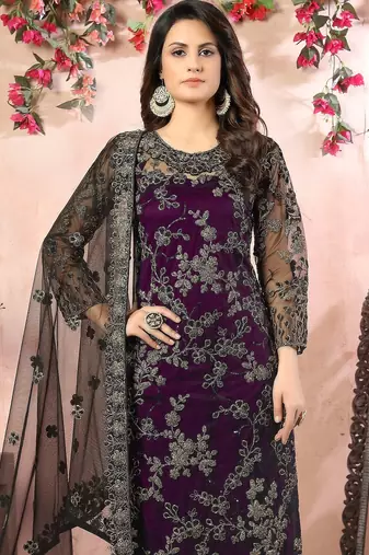 Purple net zari work semi stitched size up to 42 salwar suits