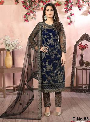 Blue net zari work semi stitched size up to 42 salwar suits 1