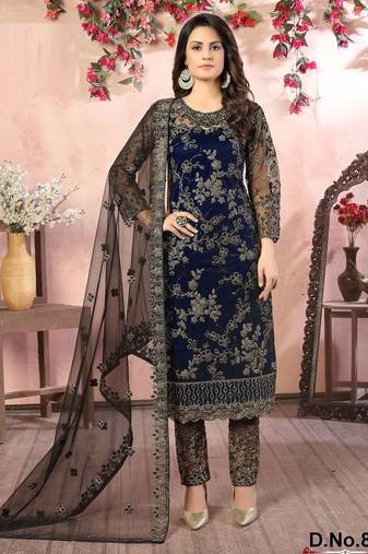 Blue net zari work semi stitched size up to 42 salwar suits